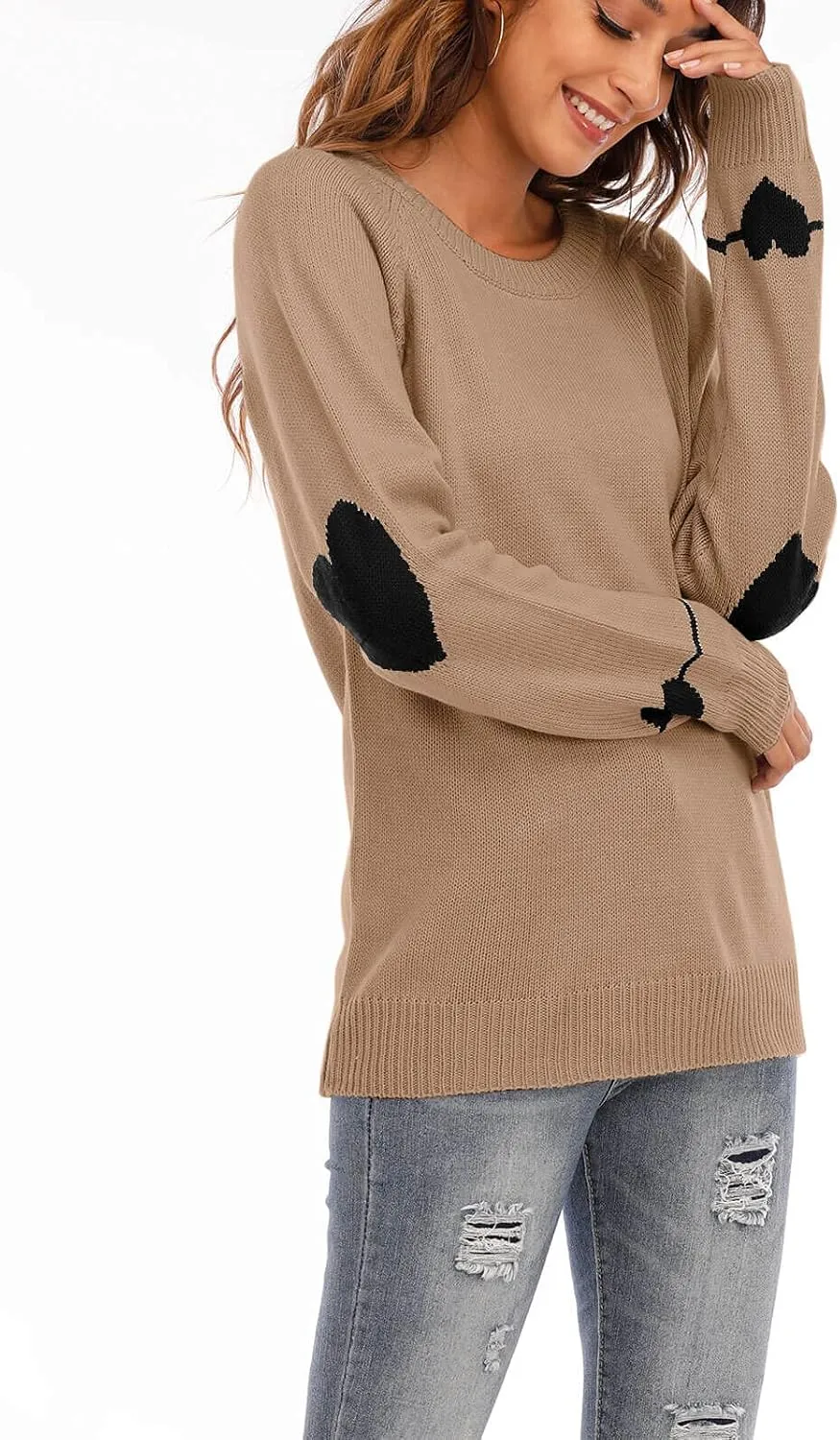 shermie Women's Cute Heart Pattern Elbow Patchwork Knitted Sweaters Long Sleeve Crew Neck Casual Pullover
