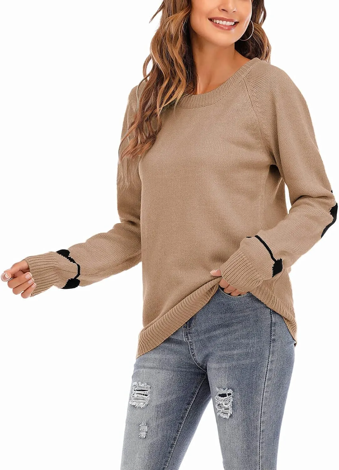 shermie Women's Cute Heart Pattern Elbow Patchwork Knitted Sweaters Long Sleeve Crew Neck Casual Pullover
