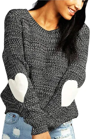 shermie Women's Cute Heart Pattern Elbow Patchwork Knitted Sweaters Long Sleeve Crew Neck Casual Pullover