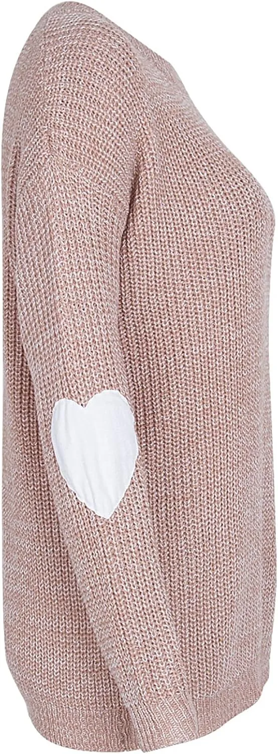 shermie Women's Cute Heart Pattern Elbow Patchwork Knitted Sweaters Long Sleeve Crew Neck Casual Pullover
