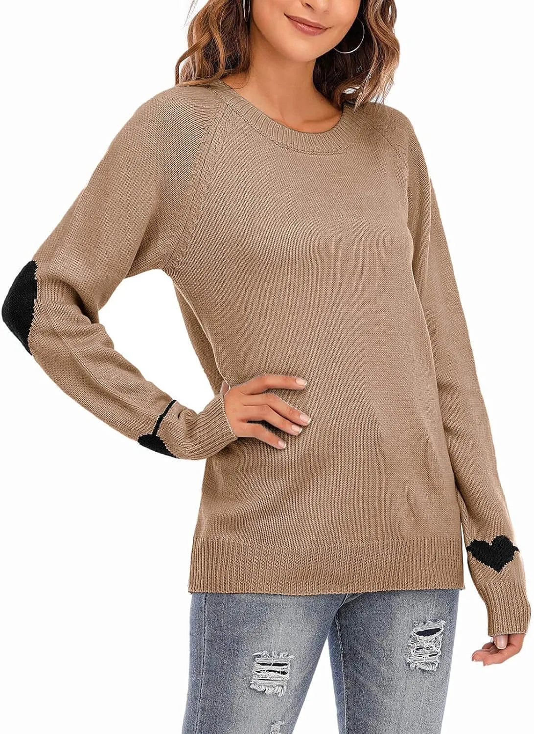 shermie Women's Cute Heart Pattern Elbow Patchwork Knitted Sweaters Long Sleeve Crew Neck Casual Pullover