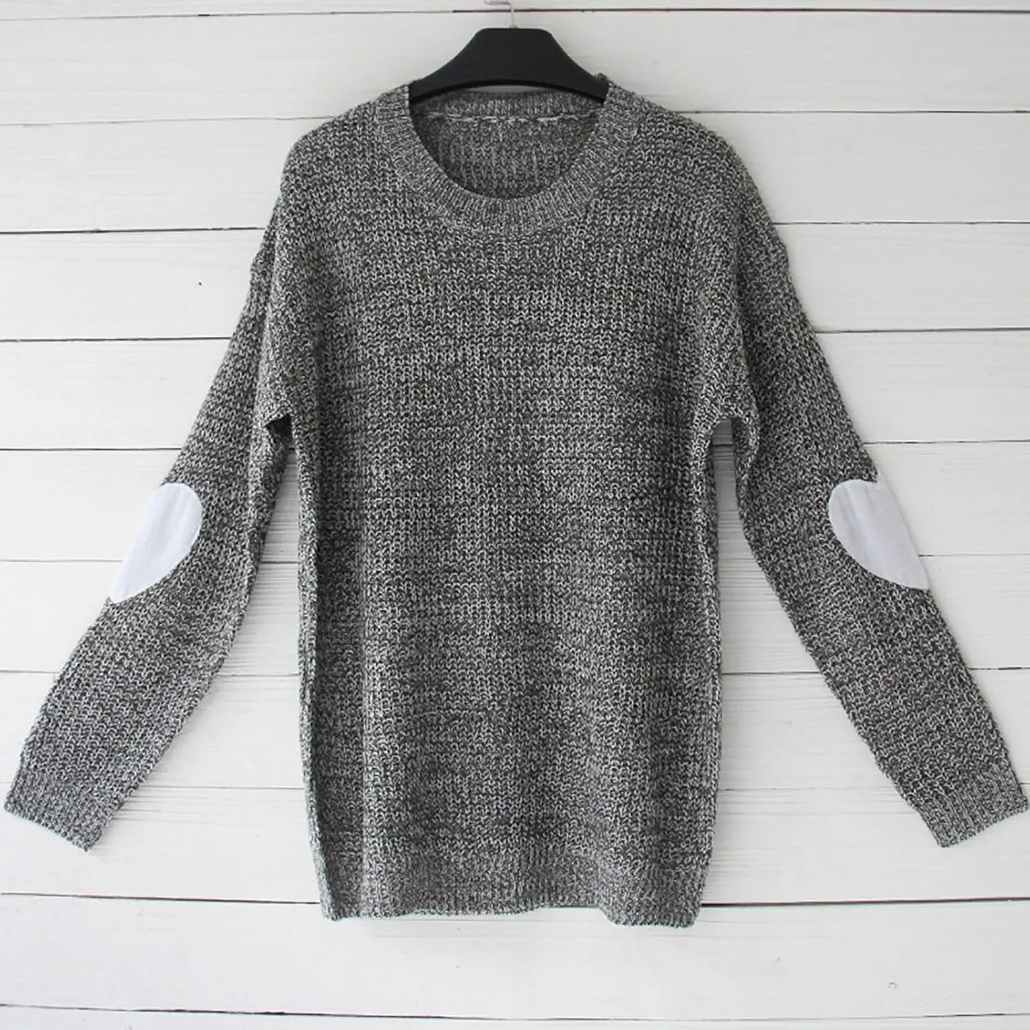 shermie Women's Cute Heart Pattern Elbow Patchwork Knitted Sweaters Long Sleeve Crew Neck Casual Pullover