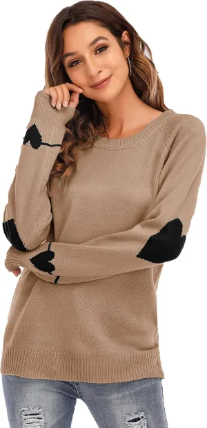 shermie Women's Cute Heart Pattern Elbow Patchwork Knitted Sweaters Long Sleeve Crew Neck Casual Pullover