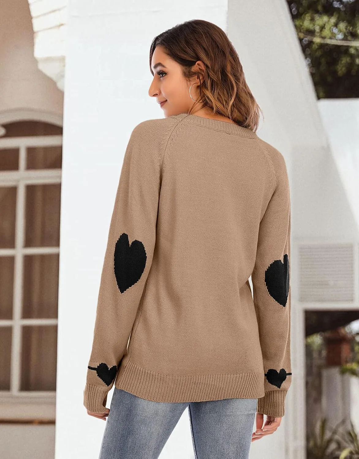 shermie Women's Cute Heart Pattern Elbow Patchwork Knitted Sweaters Long Sleeve Crew Neck Casual Pullover