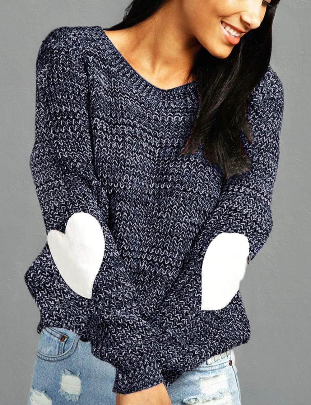 shermie Women's Cute Heart Pattern Elbow Patchwork Knitted Sweaters Long Sleeve Crew Neck Casual Pullover
