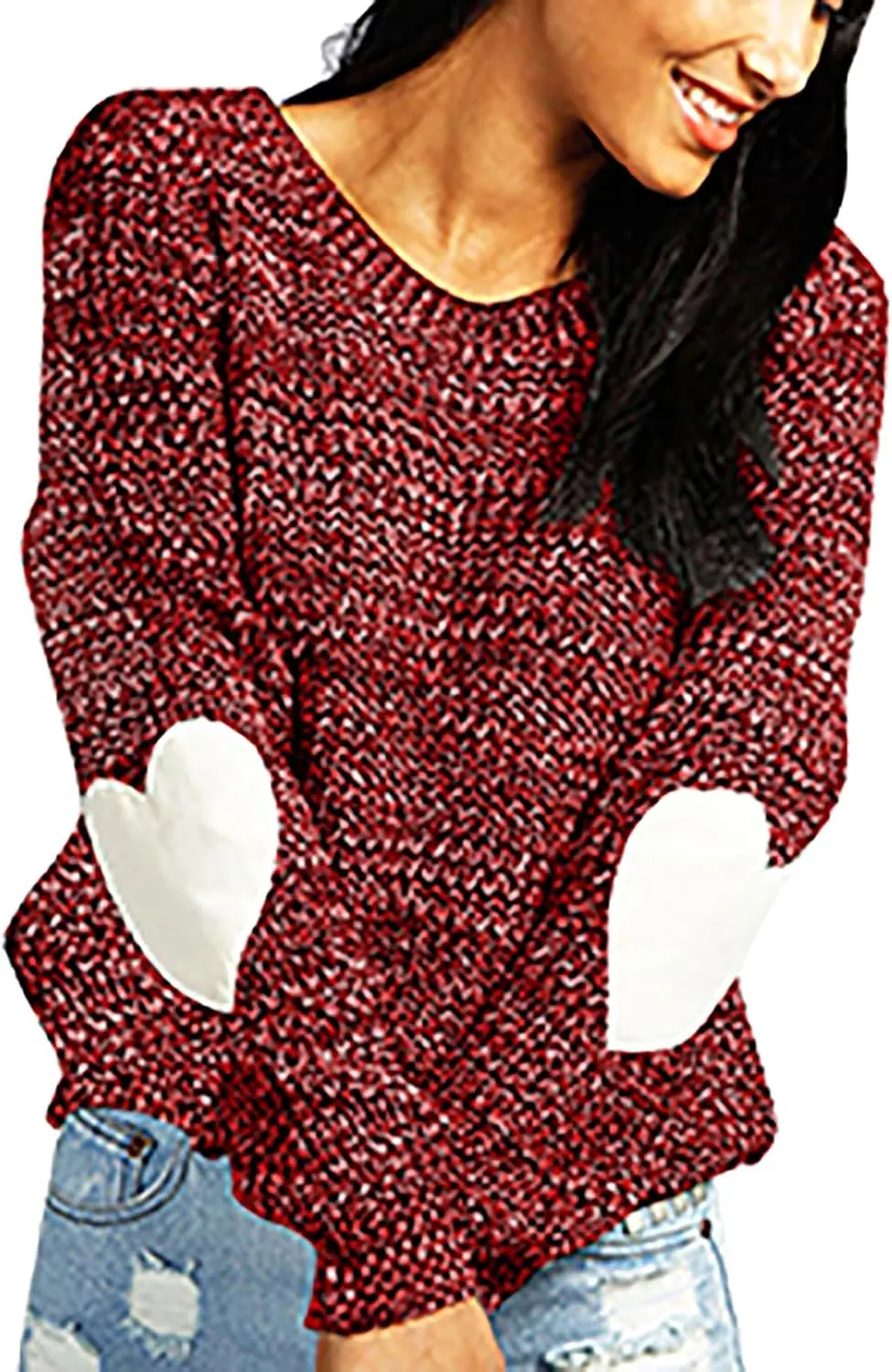 shermie Women's Cute Heart Pattern Elbow Patchwork Knitted Sweaters Long Sleeve Crew Neck Casual Pullover