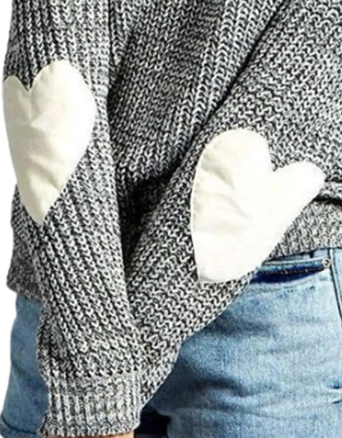 shermie Women's Cute Heart Pattern Elbow Patchwork Knitted Sweaters Long Sleeve Crew Neck Casual Pullover