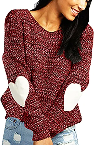shermie Women's Cute Heart Pattern Elbow Patchwork Knitted Sweaters Long Sleeve Crew Neck Casual Pullover