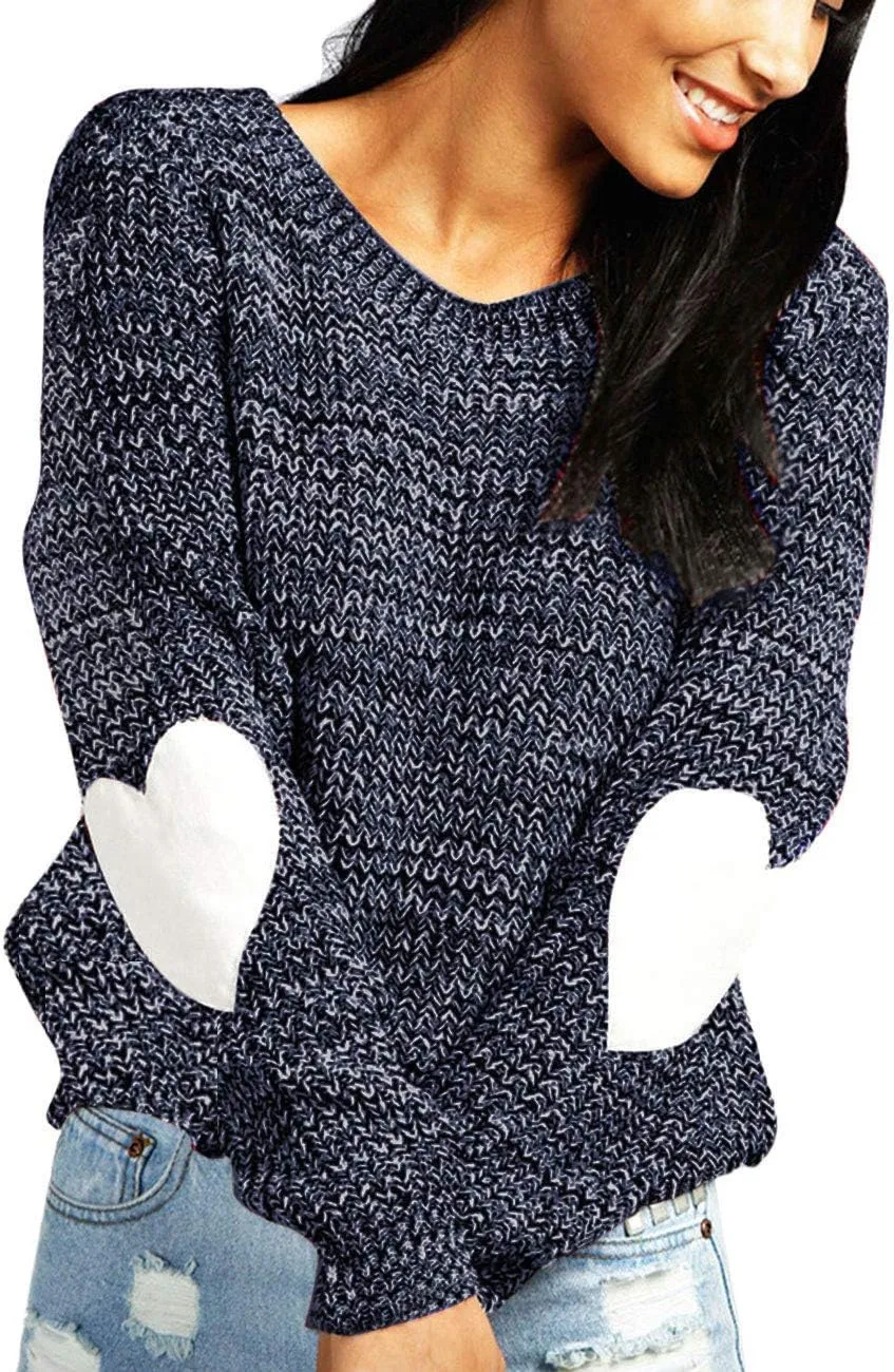 shermie Women's Cute Heart Pattern Elbow Patchwork Knitted Sweaters Long Sleeve Crew Neck Casual Pullover