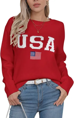 shermie Women's Long Sleeve Crew Neck Sweater Casual Lightweight American Flag Pullover Sweaters
