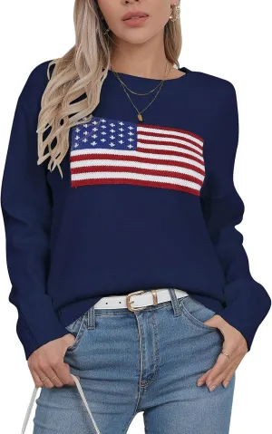 shermie Women's Long Sleeve Crew Neck Sweater Casual Lightweight American Flag Pullover Sweaters
