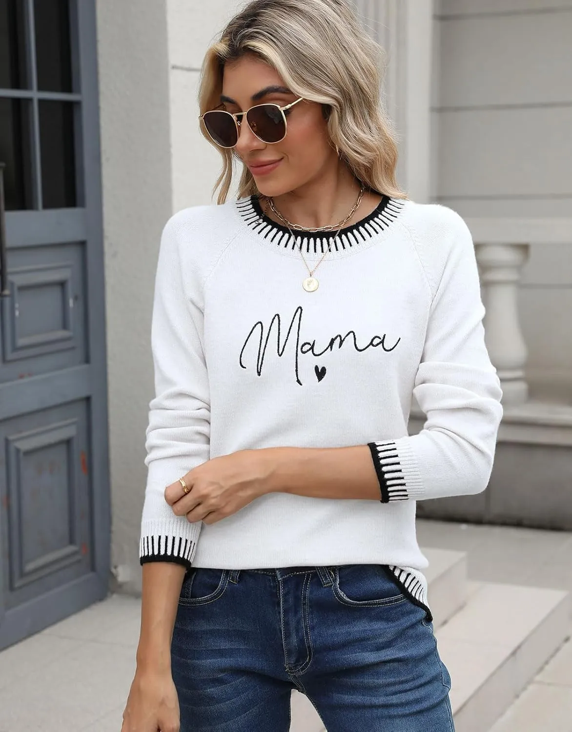 shermie Women's Long Sleeve Crew Neck Sweater Casual Lightweight American Flag Pullover Sweaters