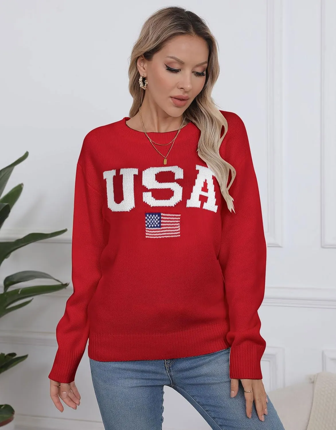 shermie Women's Long Sleeve Crew Neck Sweater Casual Lightweight American Flag Pullover Sweaters