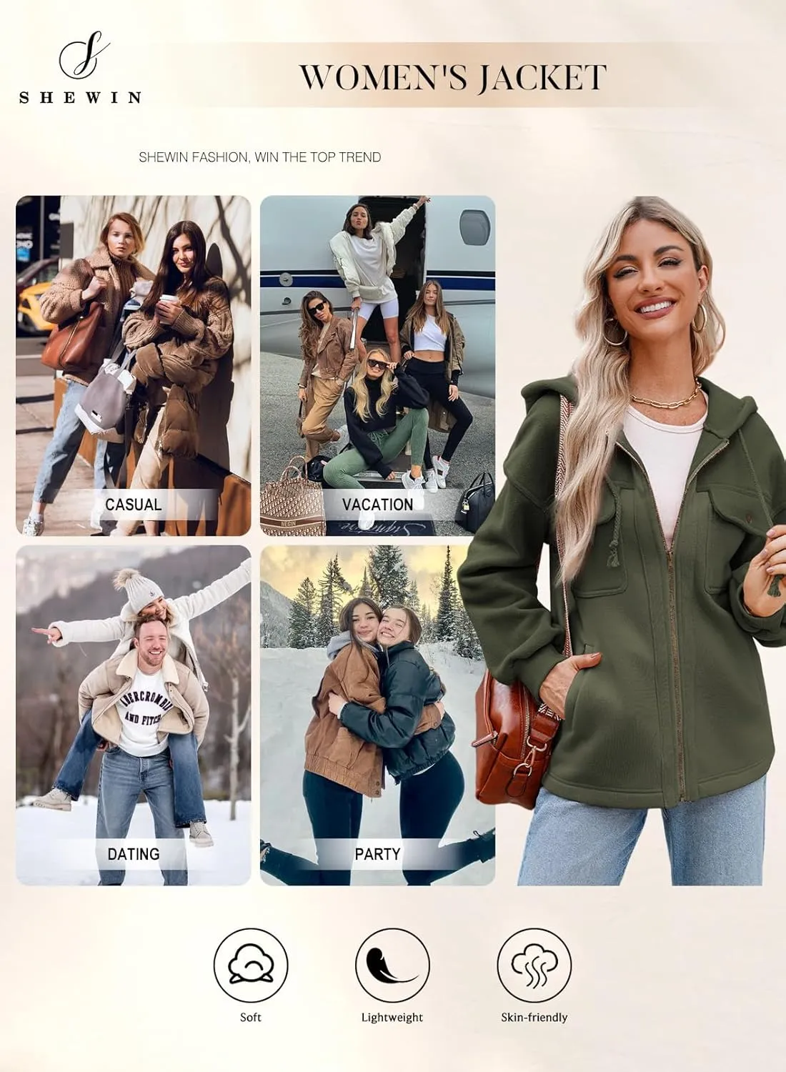 SHEWIN Jackets for Women Casual Long Sleeve Drawstring Fuzzy Sherpa Hooded Zip Up Jacket Coats With Pockets