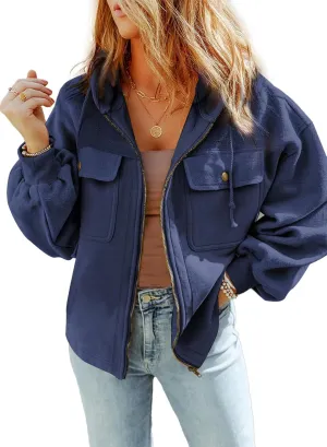 SHEWIN Jackets for Women Casual Long Sleeve Drawstring Fuzzy Sherpa Hooded Zip Up Jacket Coats With Pockets