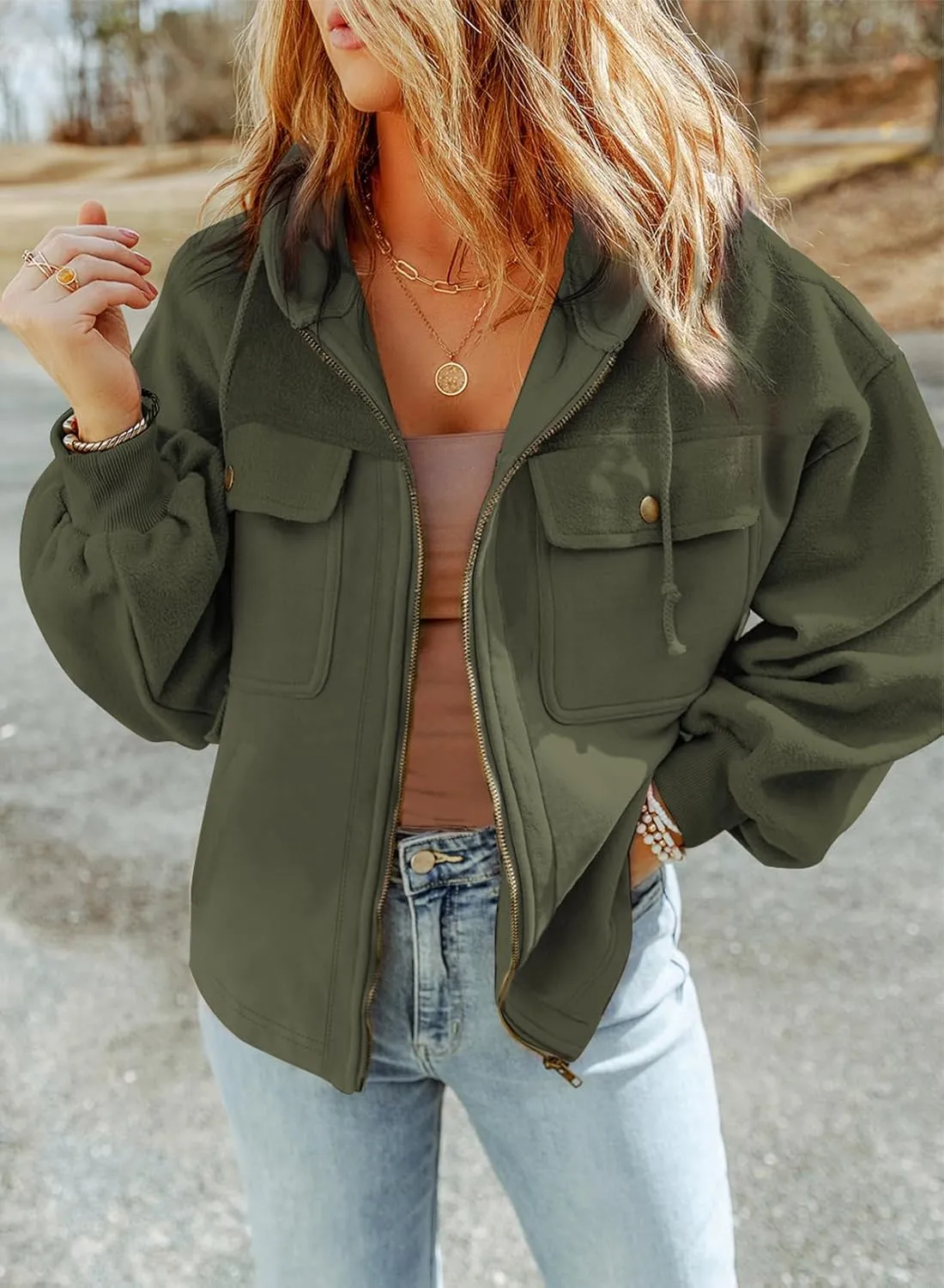 SHEWIN Jackets for Women Casual Long Sleeve Drawstring Fuzzy Sherpa Hooded Zip Up Jacket Coats With Pockets