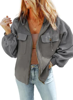 SHEWIN Jackets for Women Casual Long Sleeve Drawstring Fuzzy Sherpa Hooded Zip Up Jacket Coats With Pockets