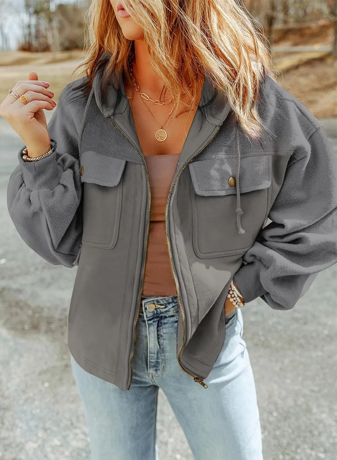 SHEWIN Jackets for Women Casual Long Sleeve Drawstring Fuzzy Sherpa Hooded Zip Up Jacket Coats With Pockets