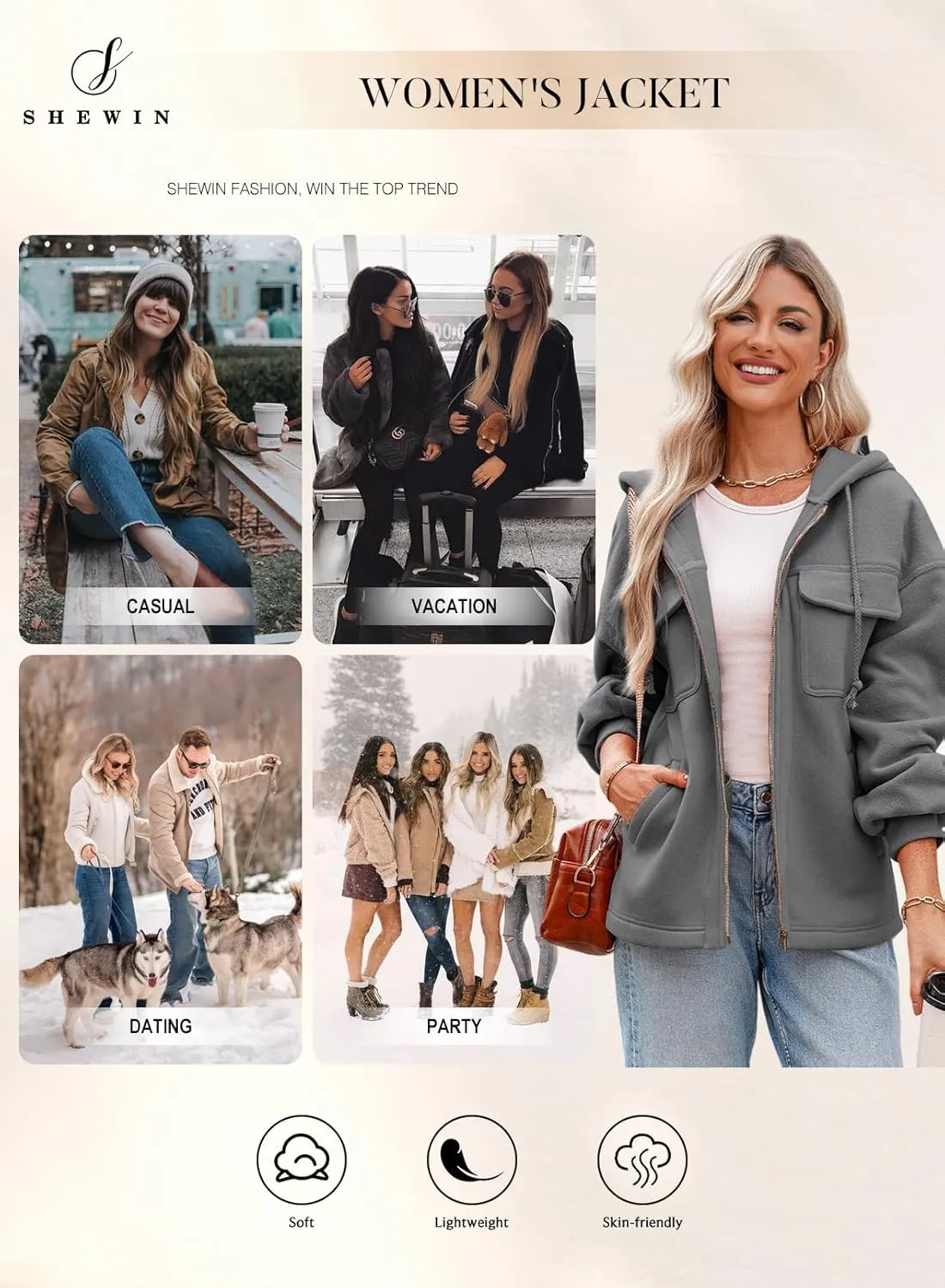 SHEWIN Jackets for Women Casual Long Sleeve Drawstring Fuzzy Sherpa Hooded Zip Up Jacket Coats With Pockets