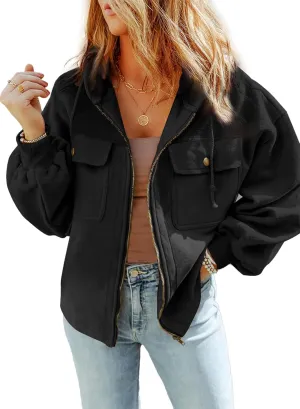 SHEWIN Jackets for Women Casual Long Sleeve Drawstring Fuzzy Sherpa Hooded Zip Up Jacket Coats With Pockets