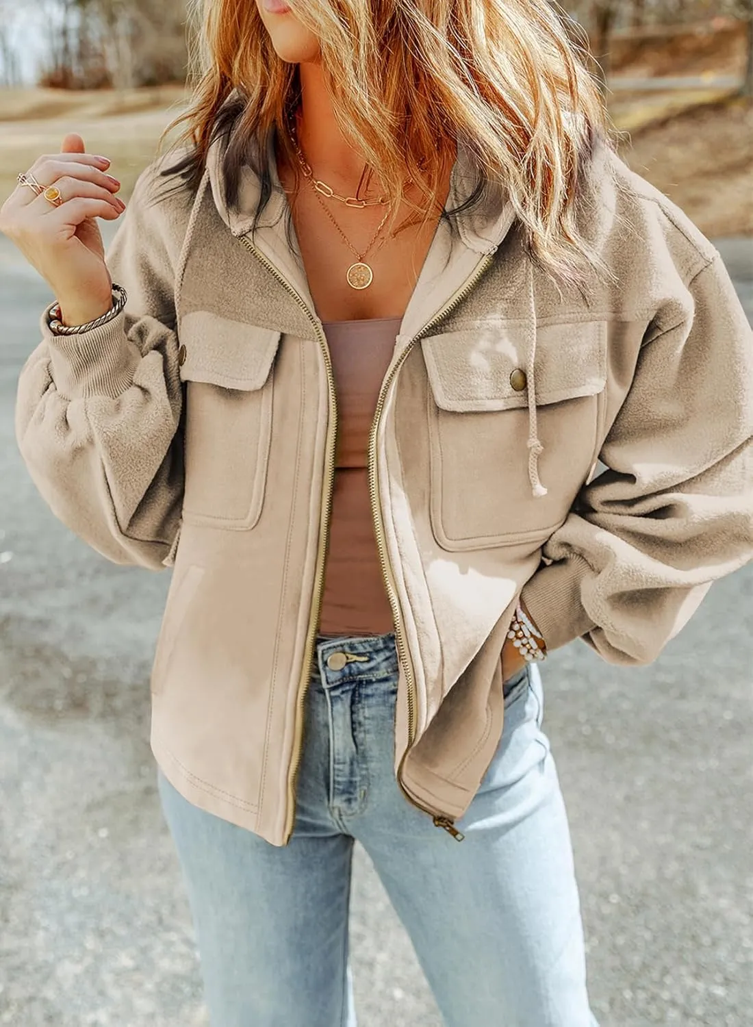 SHEWIN Jackets for Women Casual Long Sleeve Drawstring Fuzzy Sherpa Hooded Zip Up Jacket Coats With Pockets