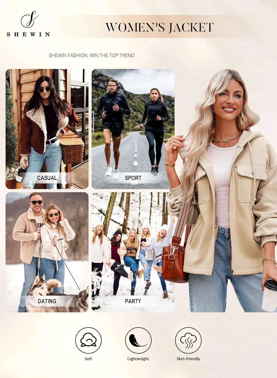 SHEWIN Jackets for Women Casual Long Sleeve Drawstring Fuzzy Sherpa Hooded Zip Up Jacket Coats With Pockets