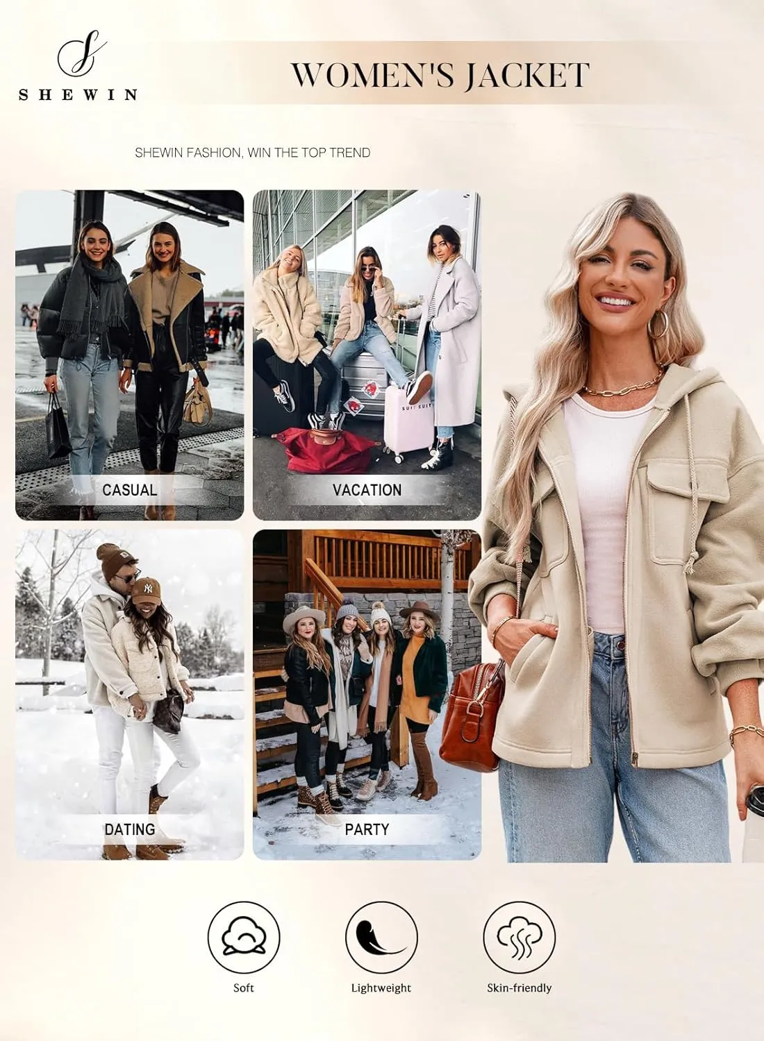 SHEWIN Jackets for Women Casual Long Sleeve Drawstring Fuzzy Sherpa Hooded Zip Up Jacket Coats With Pockets