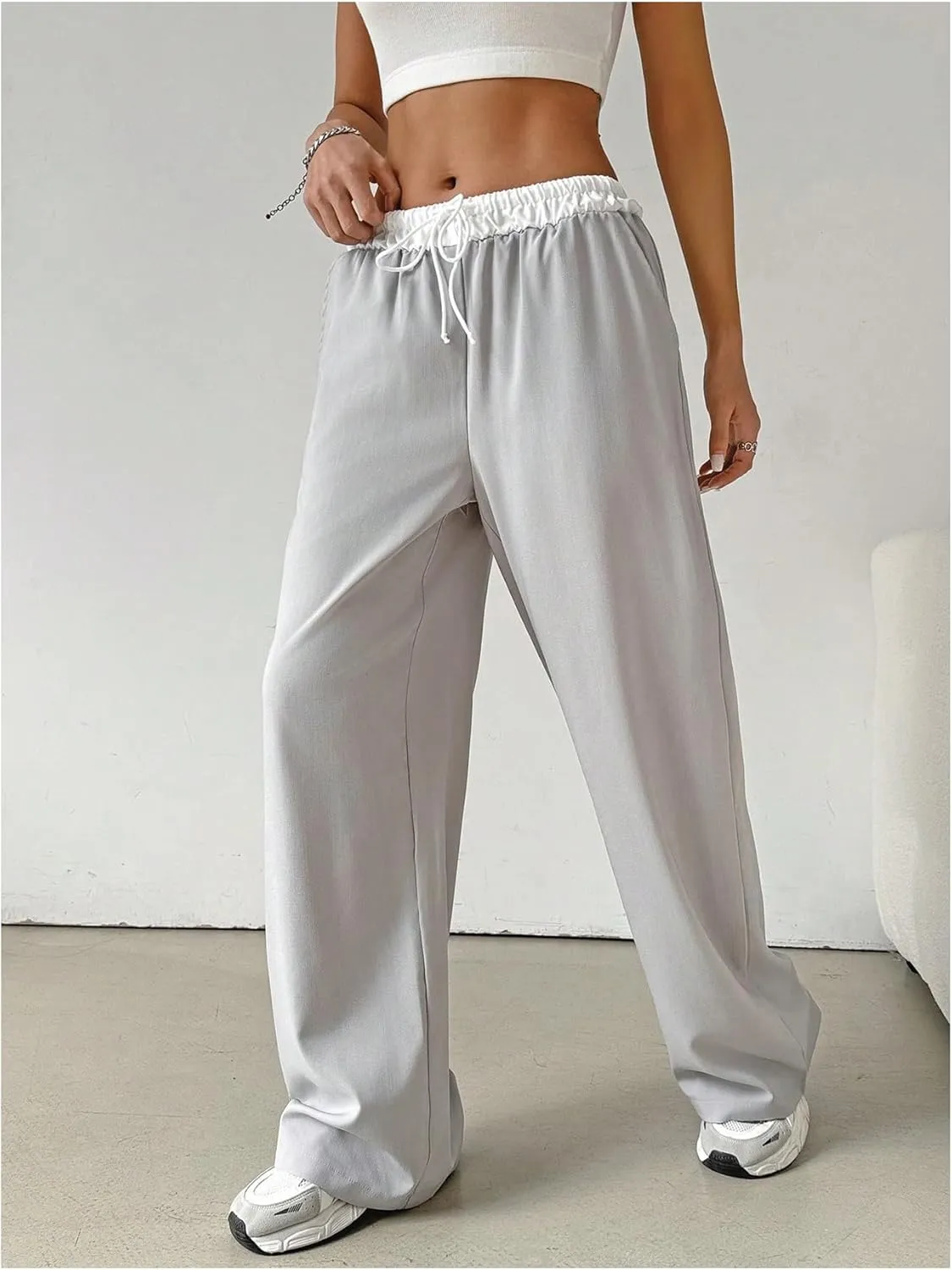 SOLY HUX Women's Drawstring Elastic Waist Wide Leg Pants Color Block Long Pants with Pockets