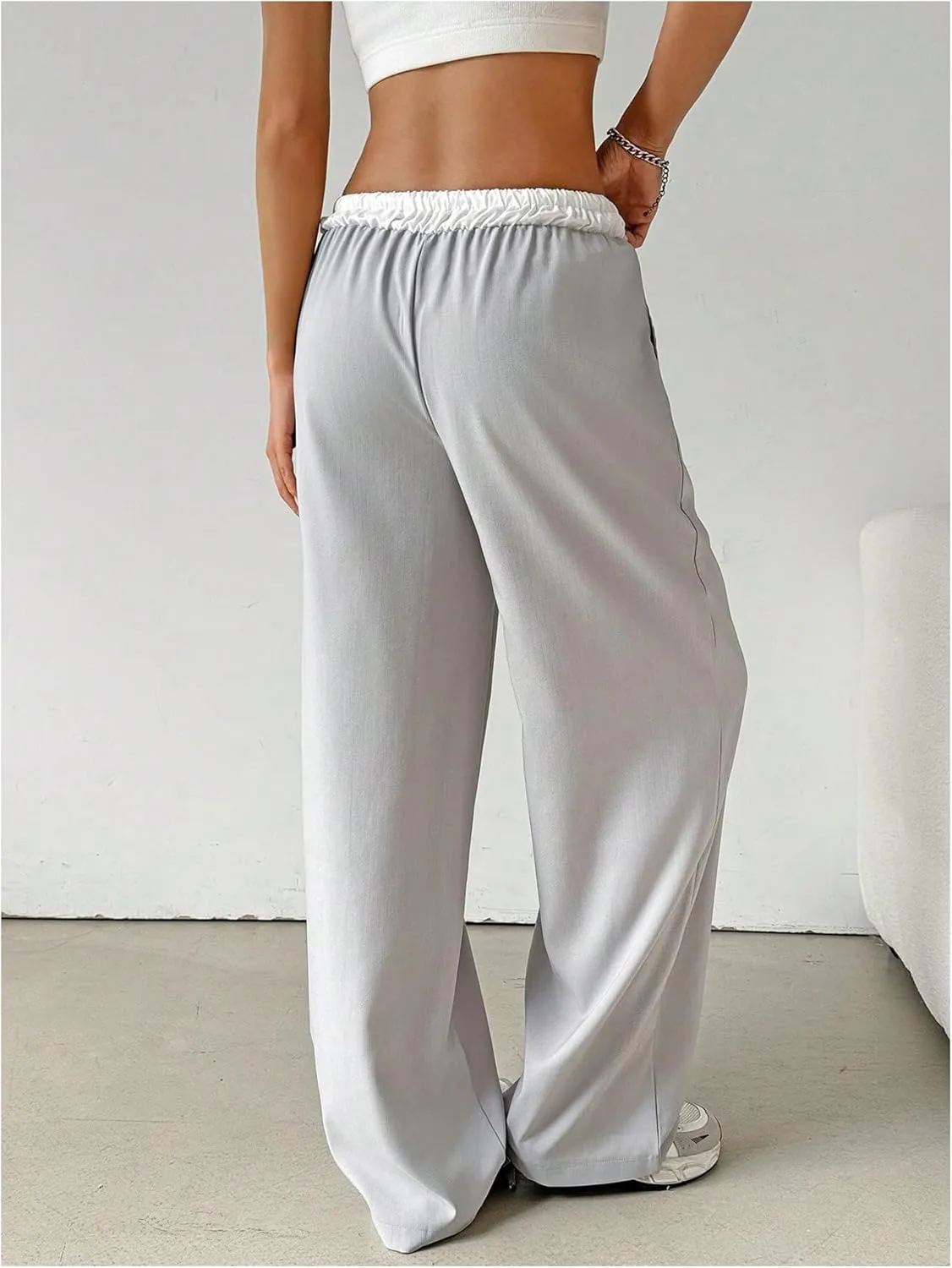 SOLY HUX Women's Drawstring Elastic Waist Wide Leg Pants Color Block Long Pants with Pockets