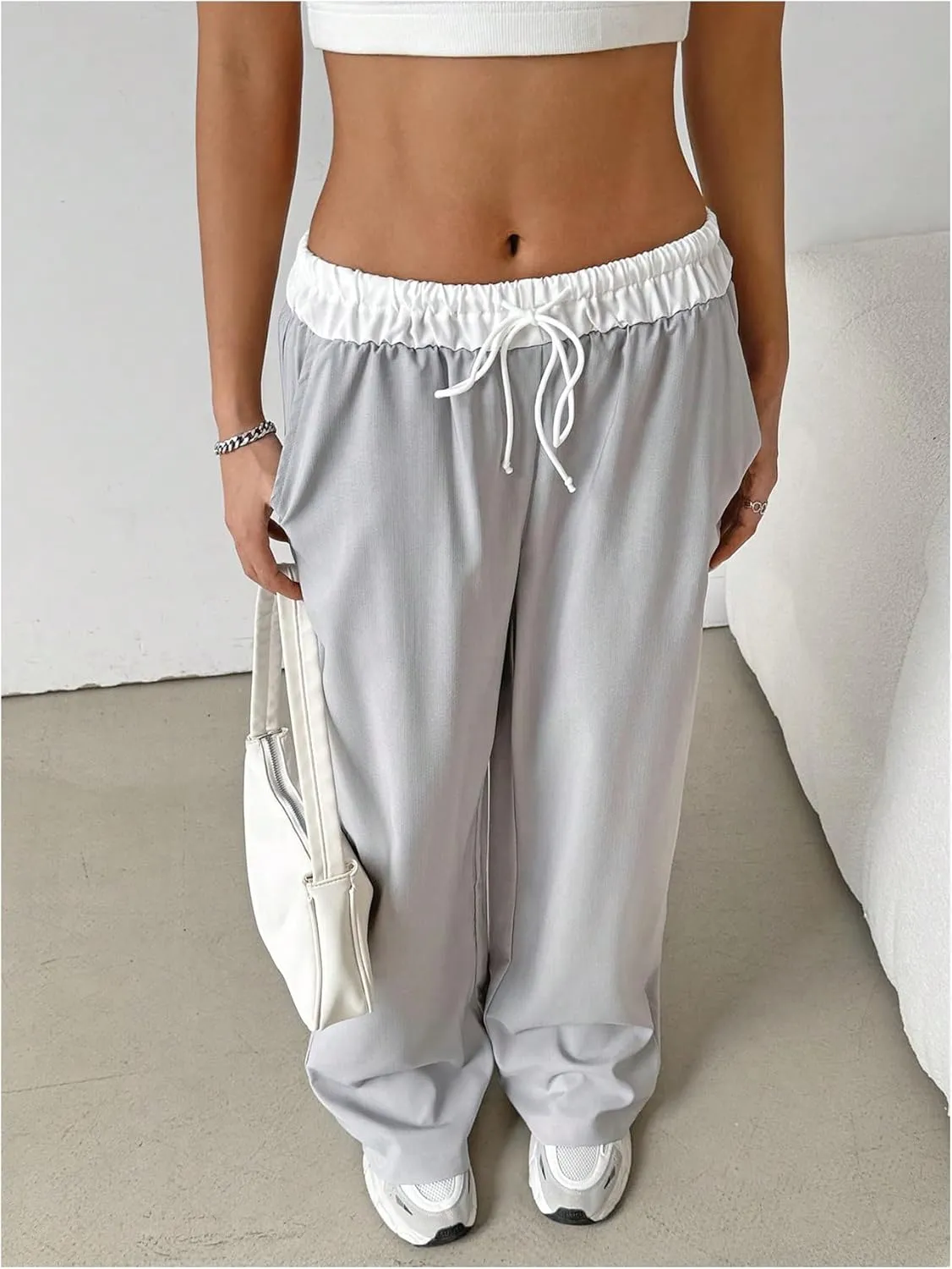 SOLY HUX Women's Drawstring Elastic Waist Wide Leg Pants Color Block Long Pants with Pockets