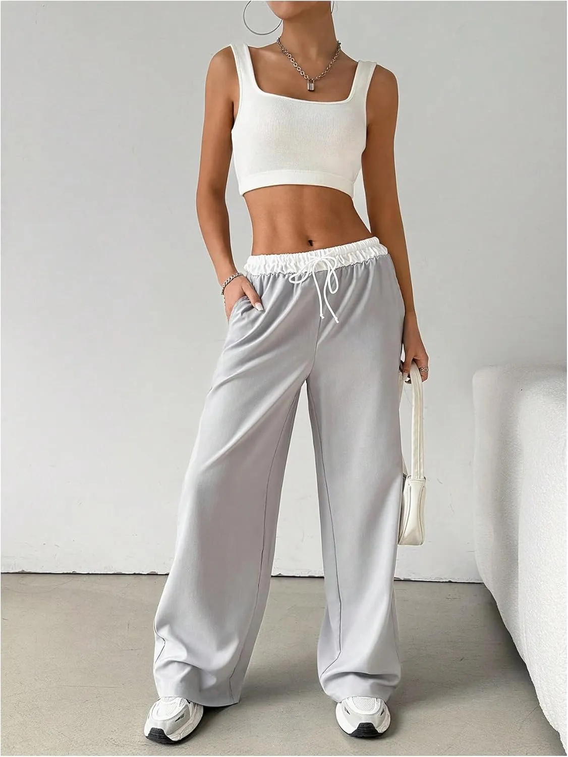 SOLY HUX Women's Drawstring Elastic Waist Wide Leg Pants Color Block Long Pants with Pockets