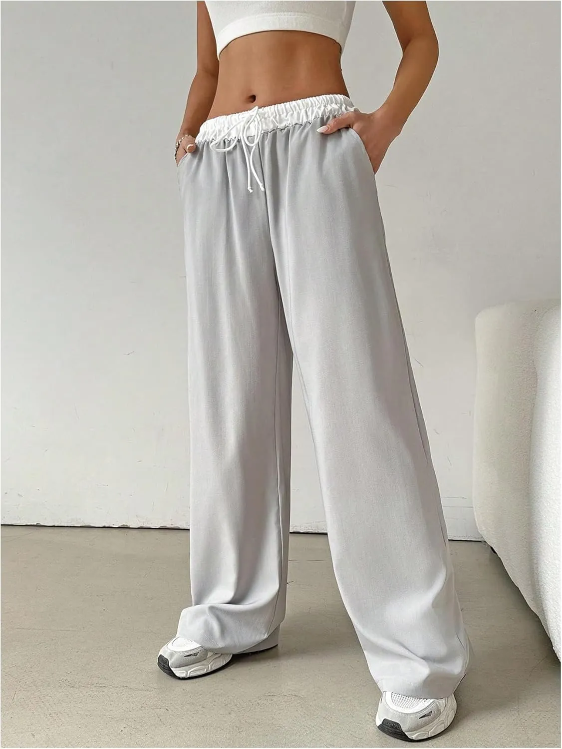 SOLY HUX Women's Drawstring Elastic Waist Wide Leg Pants Color Block Long Pants with Pockets