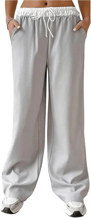 SOLY HUX Women's Drawstring Elastic Waist Wide Leg Pants Color Block Long Pants with Pockets