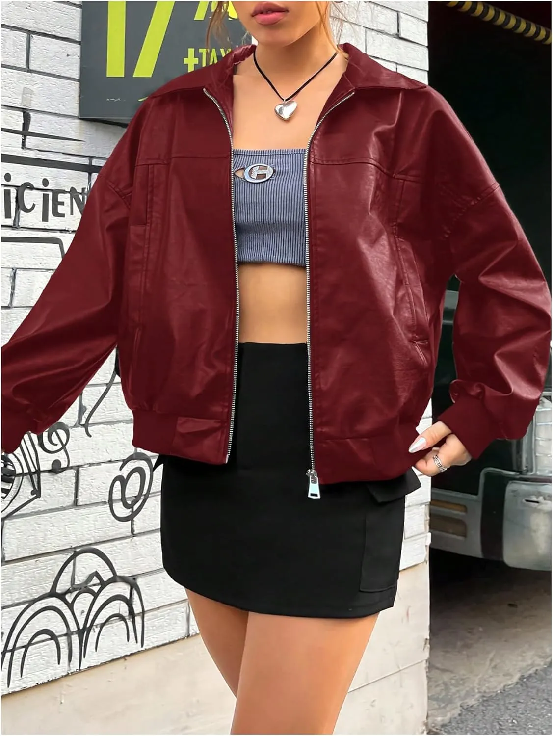 SOLY HUX Women's PU Leather Jacket Motorcycle Zip Up Collared Coats Fall Winter Outfits Clothes