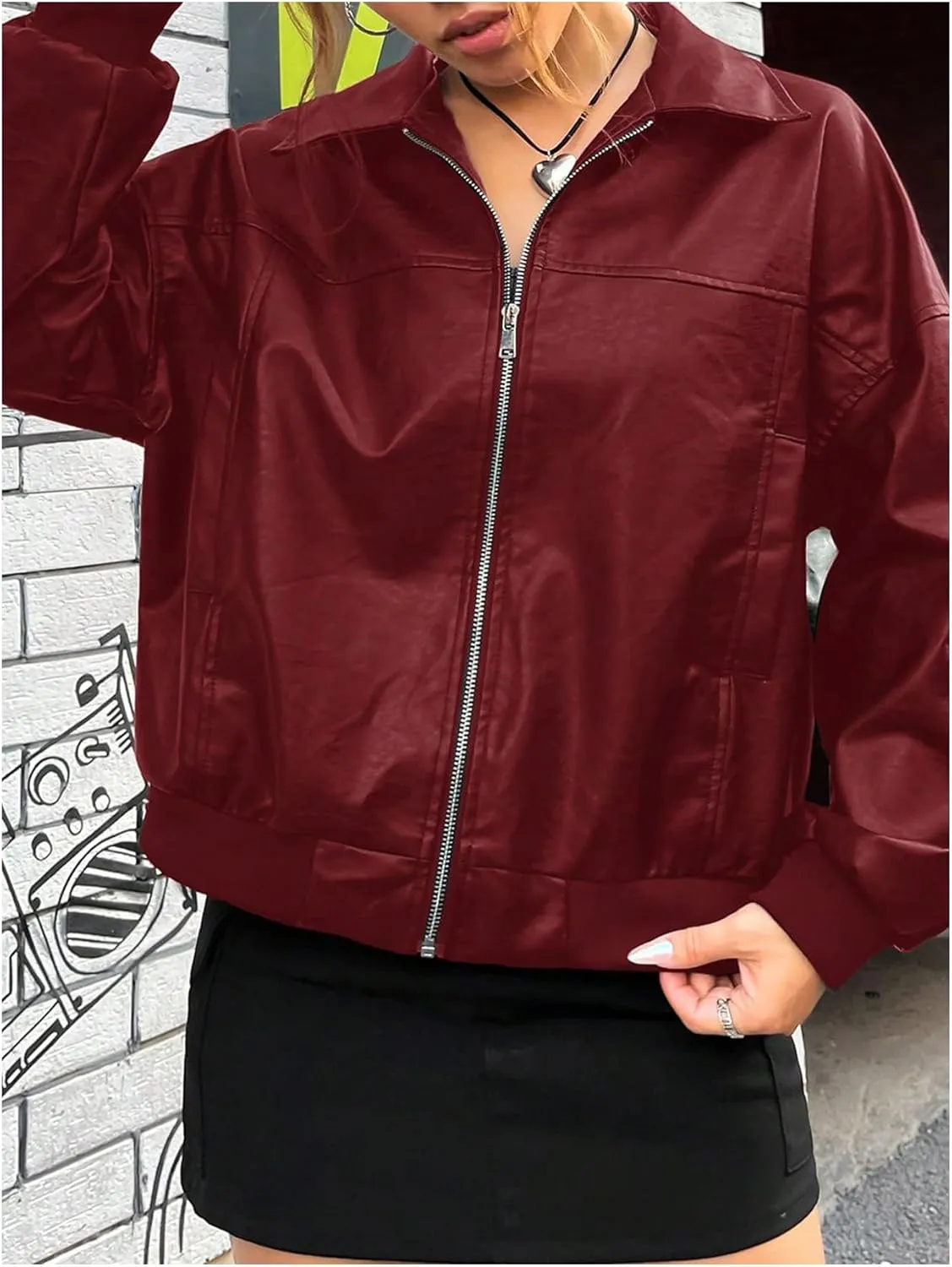 SOLY HUX Women's PU Leather Jacket Motorcycle Zip Up Collared Coats Fall Winter Outfits Clothes