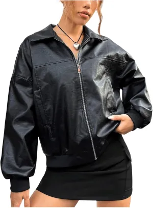 SOLY HUX Women's PU Leather Jacket Motorcycle Zip Up Collared Coats Fall Winter Outfits Clothes