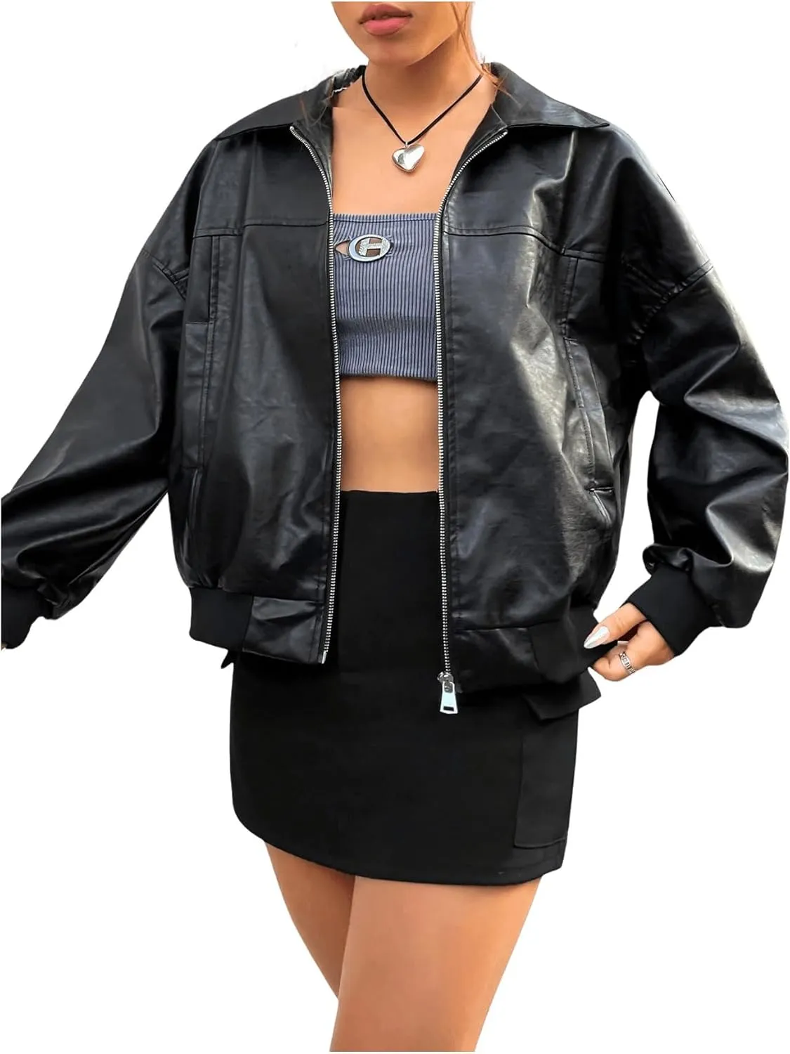 SOLY HUX Women's PU Leather Jacket Motorcycle Zip Up Collared Coats Fall Winter Outfits Clothes
