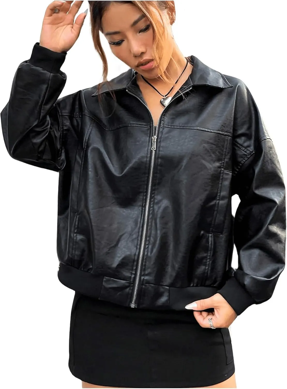 SOLY HUX Women's PU Leather Jacket Motorcycle Zip Up Collared Coats Fall Winter Outfits Clothes