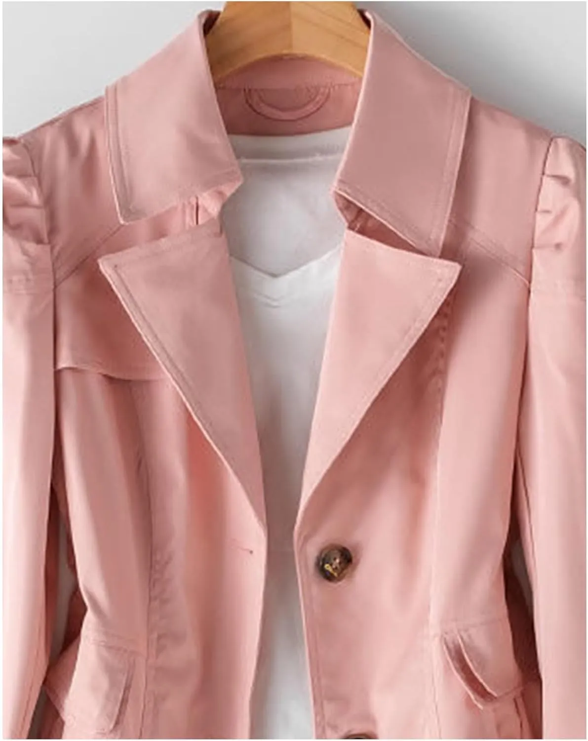 SOMTHRON Women's Single Breasted Mid-Length Trench Coat Puff Sleeve Lapel Overcoat Windproof Classic Outerwear