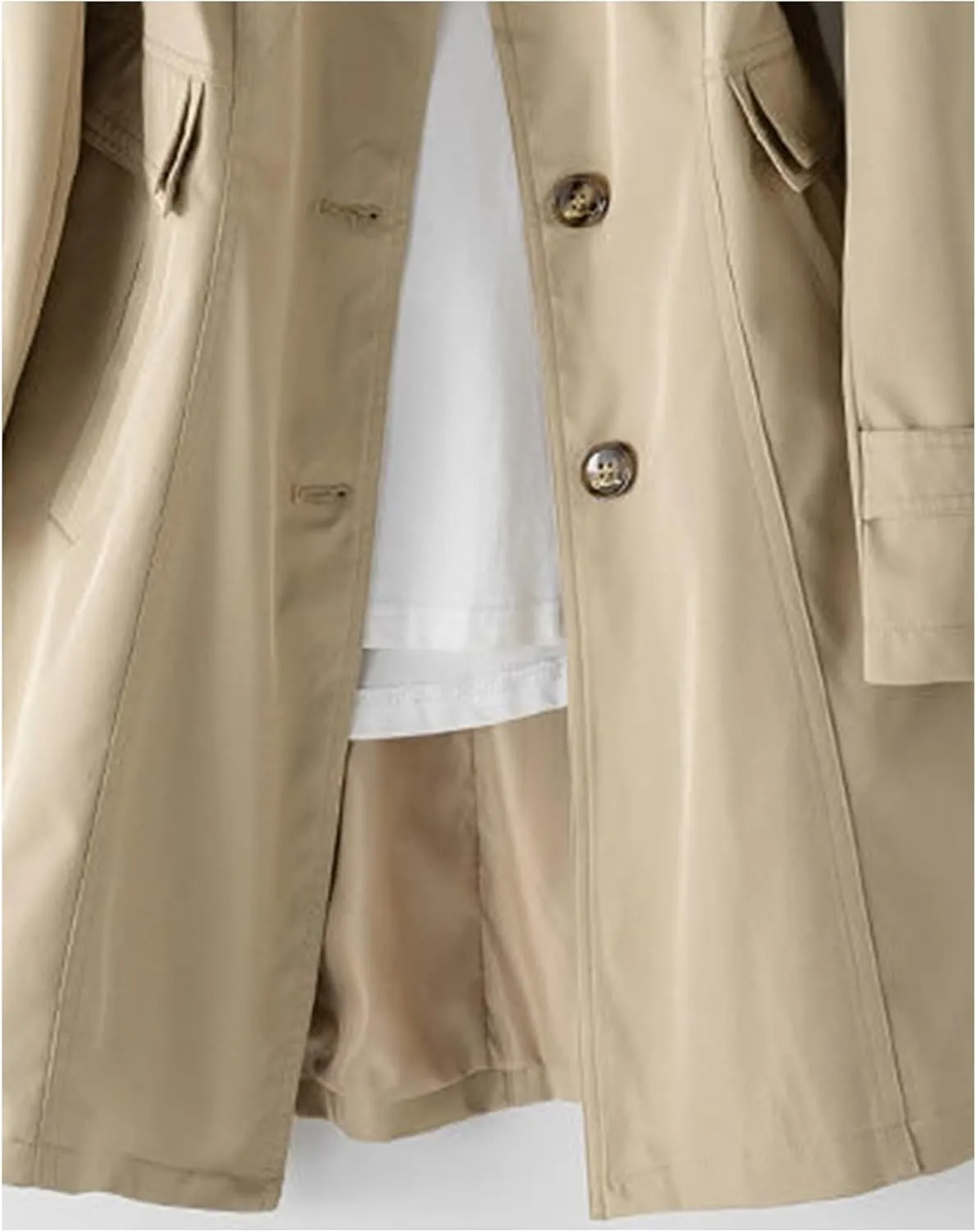 SOMTHRON Women's Single Breasted Mid-Length Trench Coat Puff Sleeve Lapel Overcoat Windproof Classic Outerwear