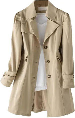 SOMTHRON Women's Single Breasted Mid-Length Trench Coat Puff Sleeve Lapel Overcoat Windproof Classic Outerwear