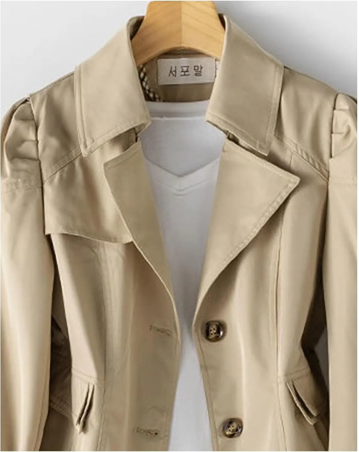 SOMTHRON Women's Single Breasted Mid-Length Trench Coat Puff Sleeve Lapel Overcoat Windproof Classic Outerwear