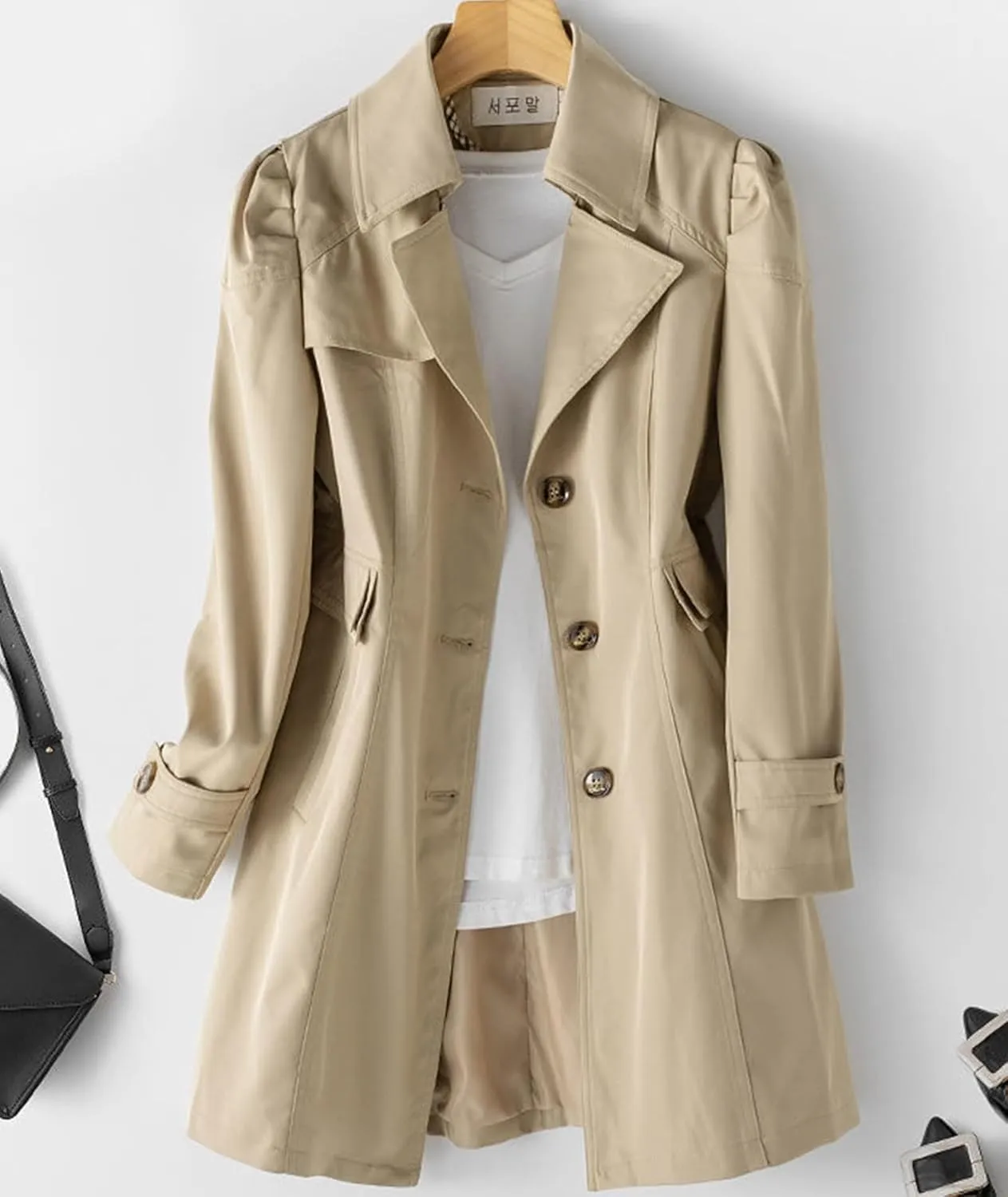 SOMTHRON Women's Single Breasted Mid-Length Trench Coat Puff Sleeve Lapel Overcoat Windproof Classic Outerwear