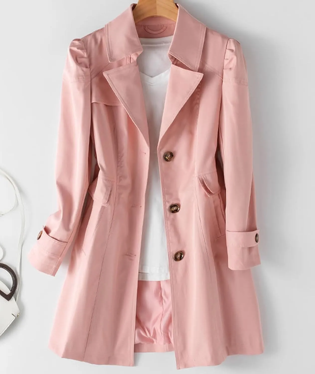 SOMTHRON Women's Single Breasted Mid-Length Trench Coat Puff Sleeve Lapel Overcoat Windproof Classic Outerwear