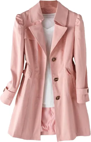 SOMTHRON Women's Single Breasted Mid-Length Trench Coat Puff Sleeve Lapel Overcoat Windproof Classic Outerwear