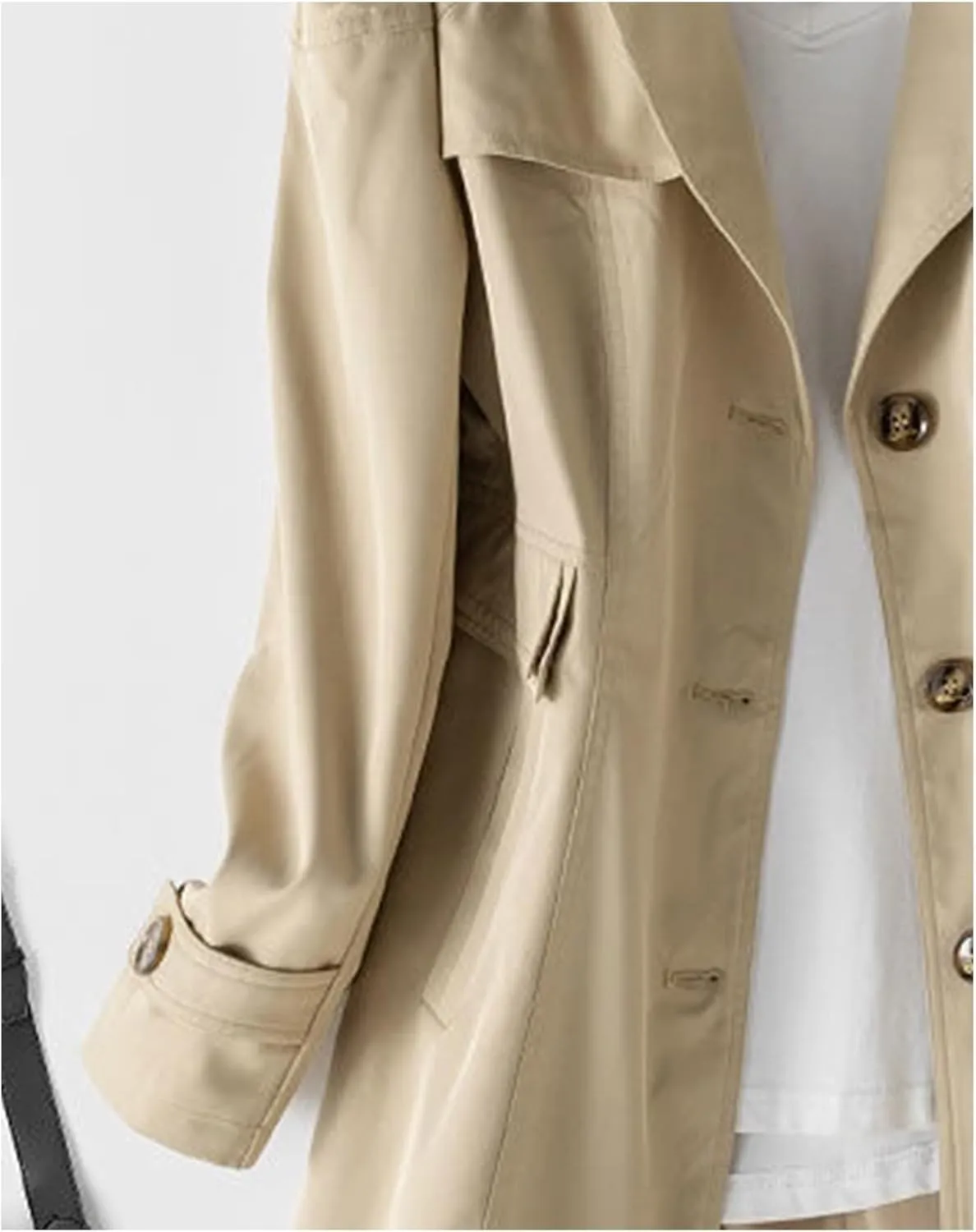SOMTHRON Women's Single Breasted Mid-Length Trench Coat Puff Sleeve Lapel Overcoat Windproof Classic Outerwear