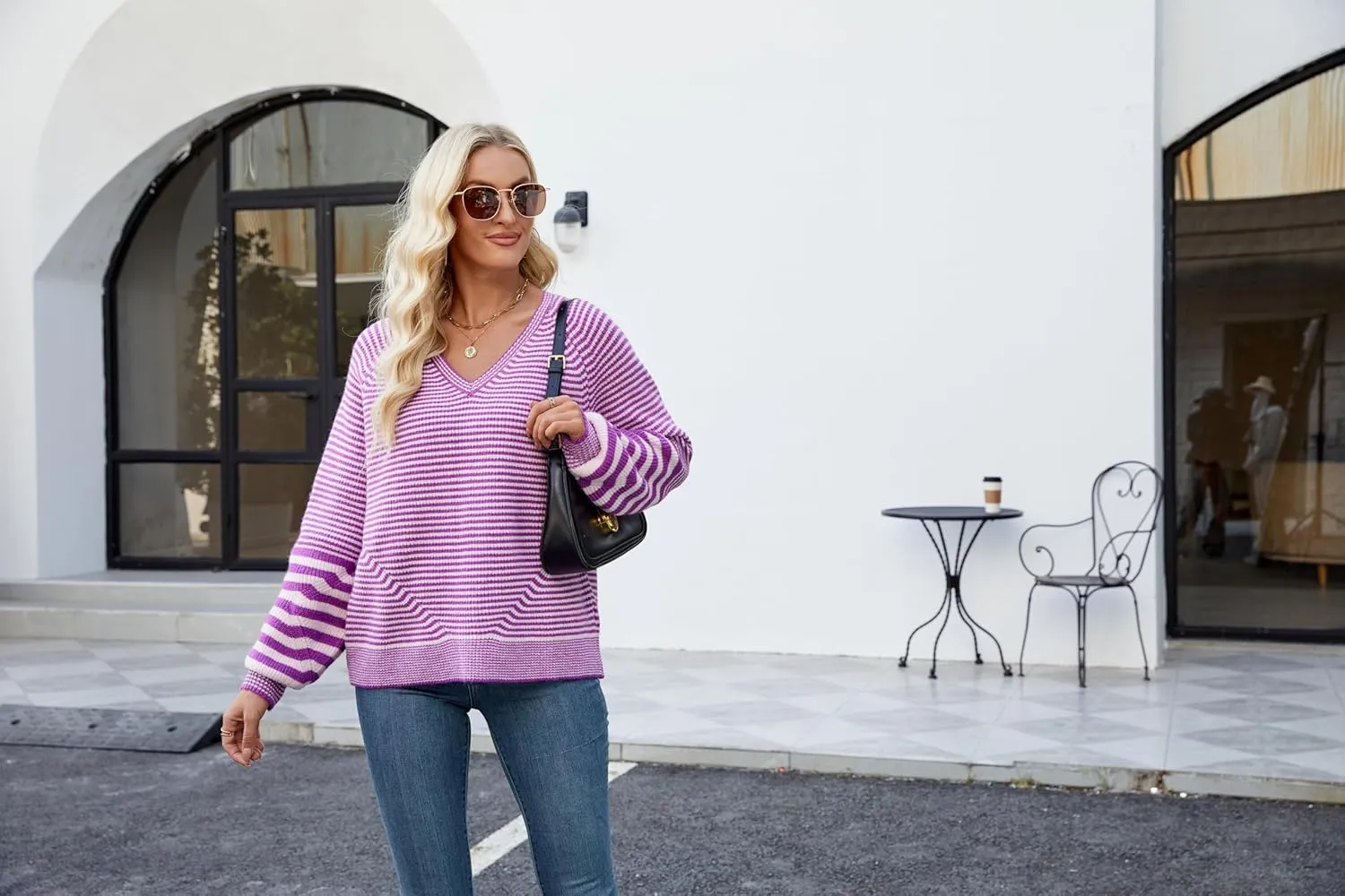 Spring Sweaters for Women 2025, Women's Long Sleeve V Neck Stripes Trendy Oversized Ribbed Knit Pullover Sweater Tops