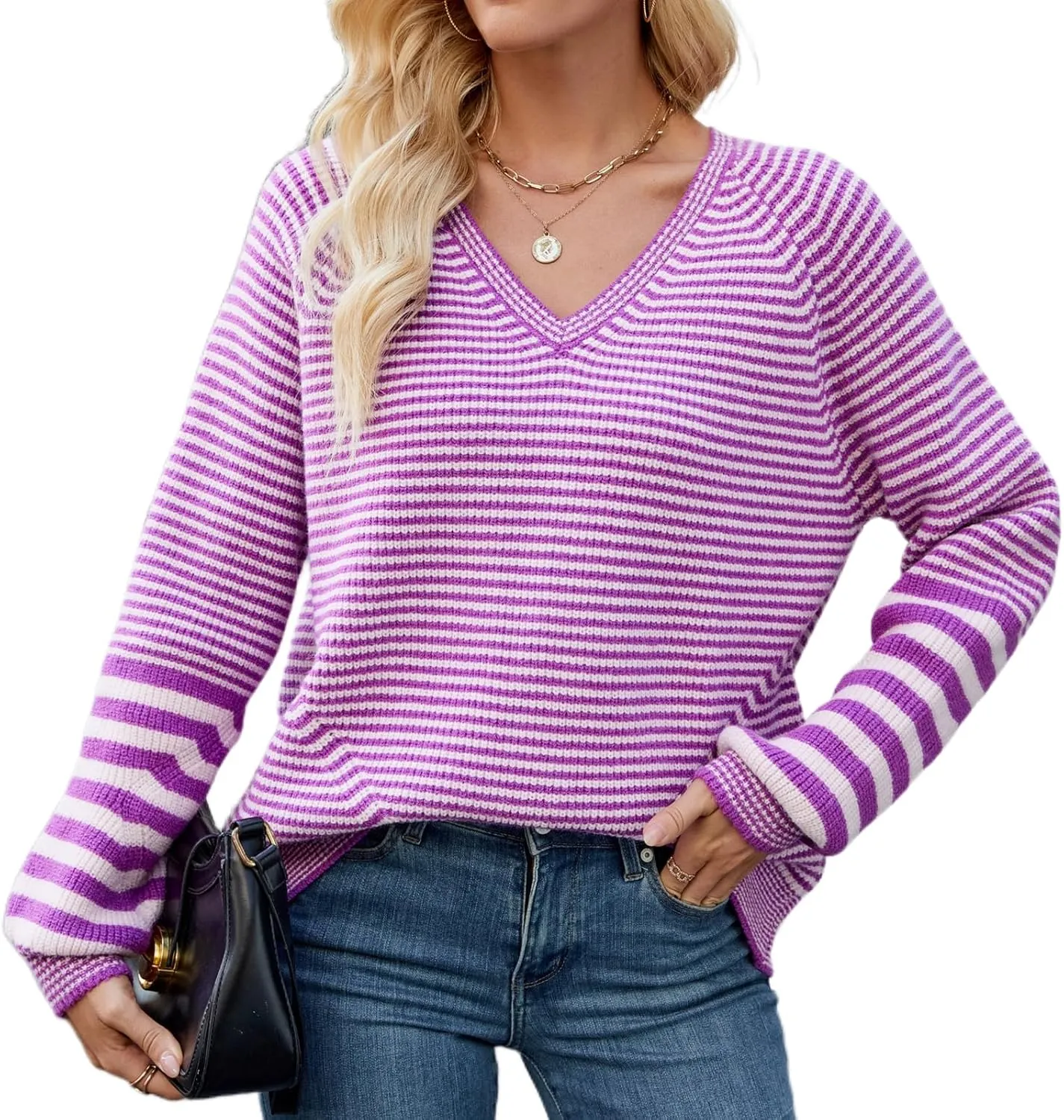 Spring Sweaters for Women 2025, Women's Long Sleeve V Neck Stripes Trendy Oversized Ribbed Knit Pullover Sweater Tops