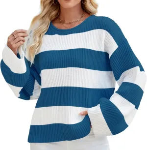 Spring Sweaters for Women, Women's Long Sleeve Crewneck Striped Color Block Oversized Knit Pullover Sweater