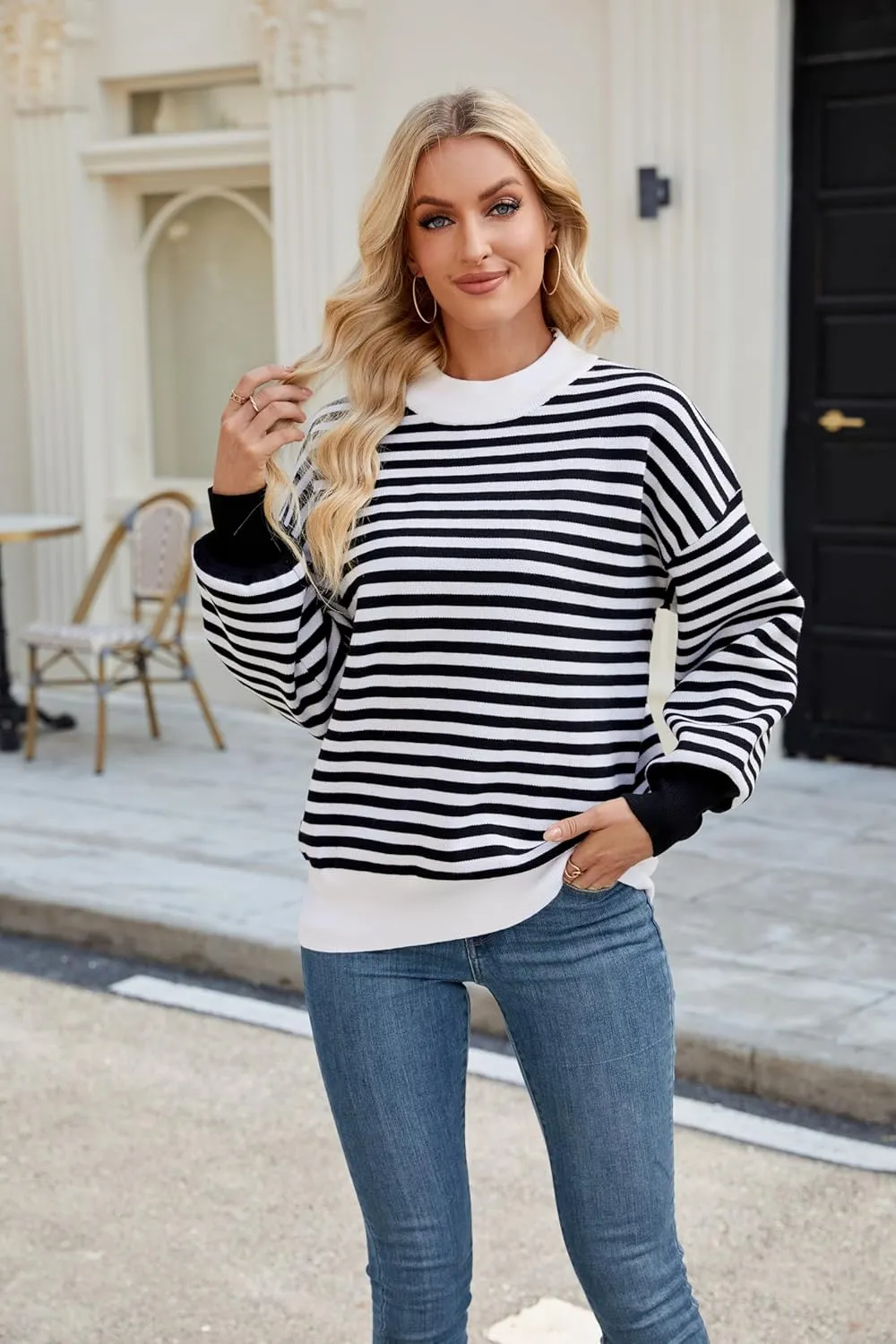 Spring Sweaters for Women, Women's Long Sleeve Turtleneck Stripes Plaid Trendy Oversized Ribbed Knit Pullover Sweater